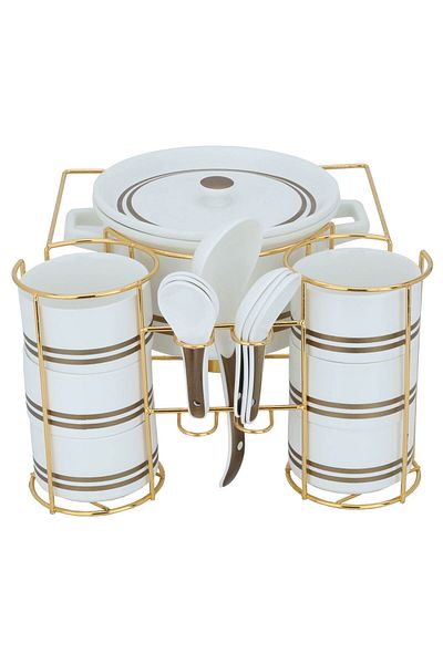 Alsaif Gallery Porcelain Soup Set with Stand, 16 Pieces - White Gold