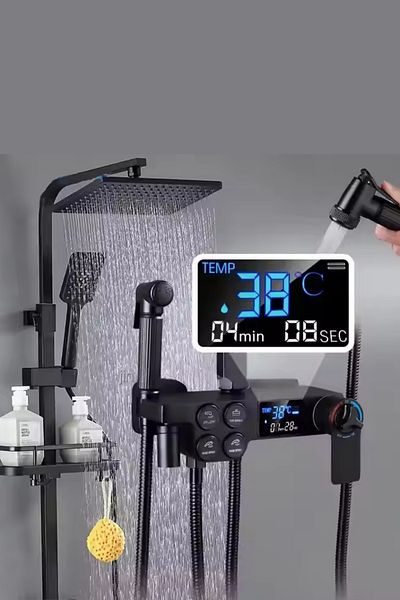 clickzu Shower column with thermostat, digital LED, 4 functions, shelf, matte black – Clickzu, modern and complete