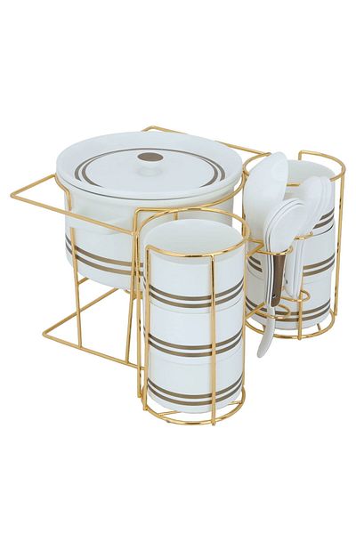 Alsaif Gallery Porcelain Soup Set with Stand, 16 Pieces - White Gold