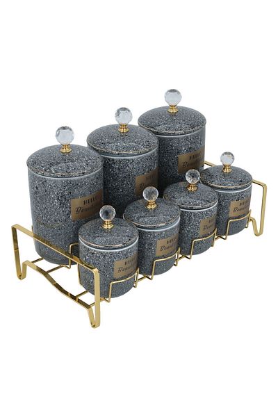 Alsaif Gallery Porcelain Spice Jar Set Alsaif Gallery with Stand, 7 Pieces - Dark Gray