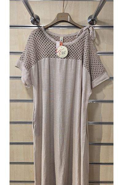 Park Moda Italian Linen Dress with Tie Shoulder and Mesh Detail
