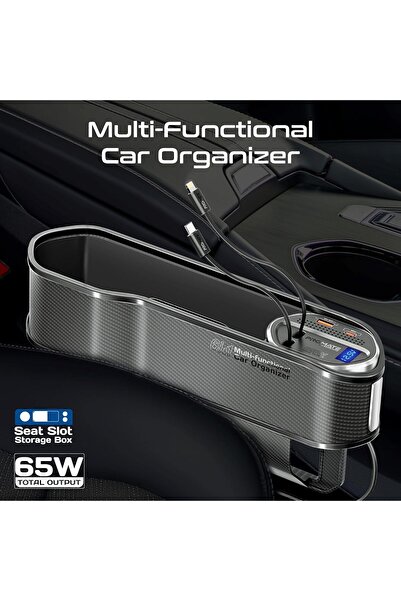 Promate 6-in-1 Car Organizer & 65W Charging Station with Retractable Lightning and USB-C Cables