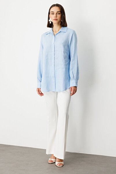 Ekol Bluză de in brodat fluture albastru 03114