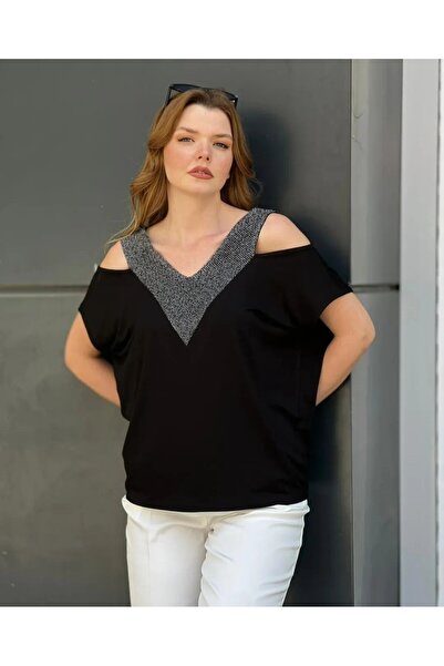 Te&Te Γυναικεία μπλούζα με λάμψη με λεπτομέρεια με γιακά μαντόνα