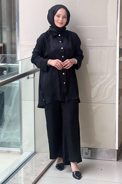Ghisa Jacquard Suit with Shirt Front and Side Snaps and Self-Patterned Loose Trousers