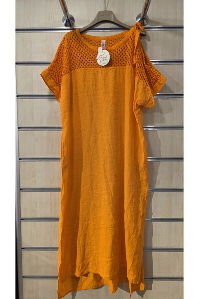 Park Moda Italian Linen Dress with Tie Shoulder and Mesh Detail