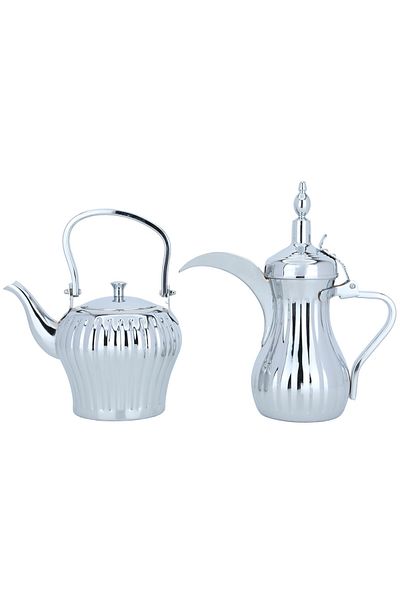 Alsaif Gallery Set of Tuwaiq Steel Pot and Coffee Kettle, Alsaif Gallery, 2/1.4 liters, 2 pieces - Silver