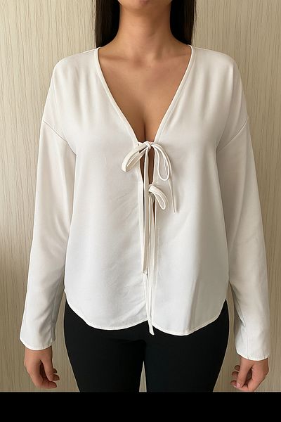 Petek Collection Blouse with Tie Front, Cardigan Off White