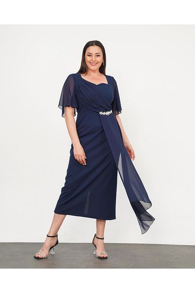 Şirin Butik Rochie de seară pentru femei, albastru bleumarin, mărime mare, șifon și detaliu de piatră