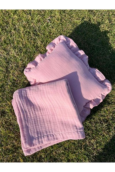 azizden 100% Organic Cotton 4 Layer Muslin Blanket and Ruffle Pillow 100X100