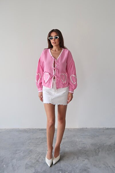 Lusin Women's Pink Long Sleeve Tie Detail 100% Cotton Premium Muslin Blouse Shirt