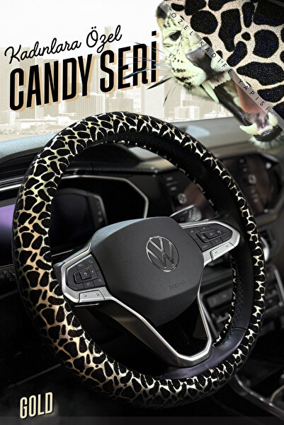 PlusOto Candy Seri Kadınlara Özel Leopar Desen Kadife Geçmeli Direksiyon Kılı...