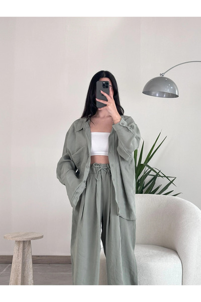 Kyra Studios طقم قميص قياسي كبير الحجم وسروال مطاطي باللون الأخضر 1020