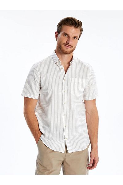 LC Waikiki Мъжка риза LCWAIKIKI Classic Beige Regular Fit с къс ръкав и райета, ленен плат