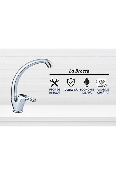 ferrara Baterie bucătărie La Brocca NAPOLI P100C701, Pipă înaltă cu gât de lebădă, alamă sanitară, finisaj cromat