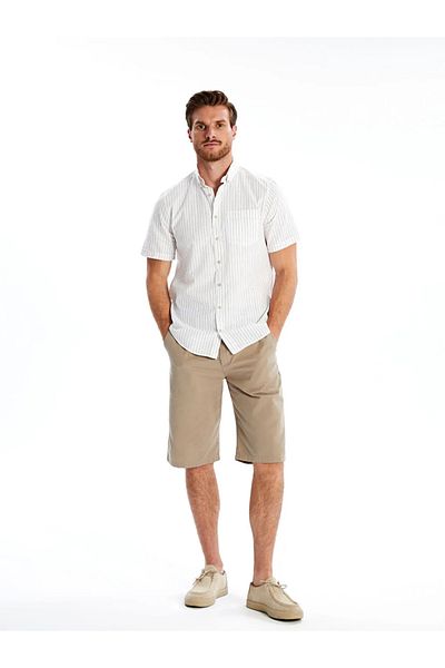 LC Waikiki Мъжка риза LCWAIKIKI Classic Beige Regular Fit с къс ръкав и райета, ленен плат