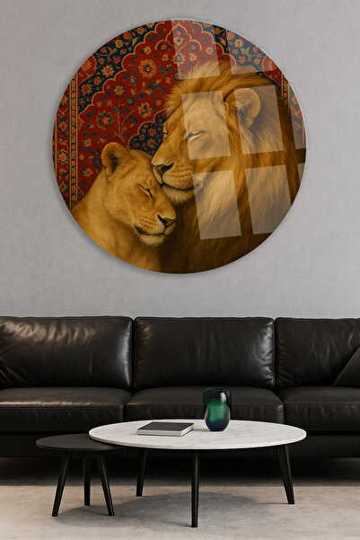 TAULART İRAN HALISI DETAYLI ASLAN AİLESİ MODERN KIRILMAZ LÜKS CAM TABLO EV HEDİYESİ LÜKS TABLO