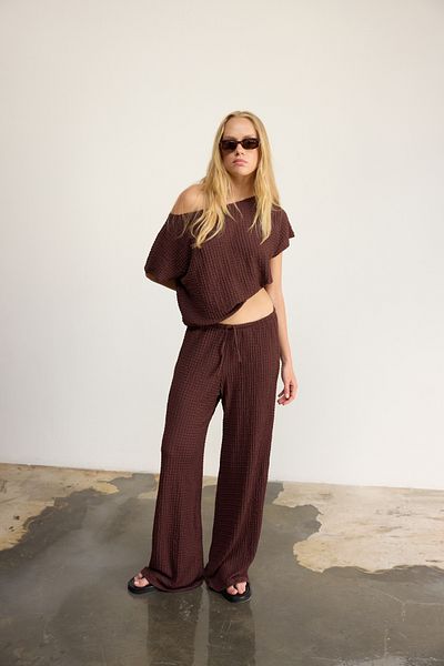 bases. Textured Rustic Wide Leg Flowing Trousers