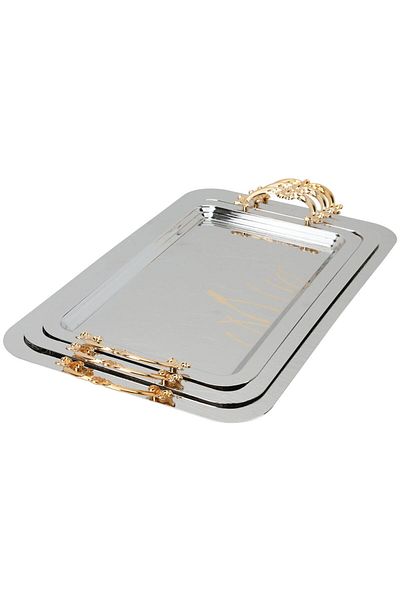 Alsaif Gallery Rectangular Serving Tray Set with Handle, Stainless Steel, Al Saif Gallery, 3 Pieces, Patterned - Si