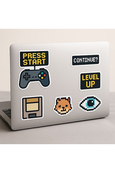 arduçlazer Pixel Art Game Sticker Set A4 – 7 Transparent Stickers – Game Over, Level Up, Start, Joystick, 8-Bit