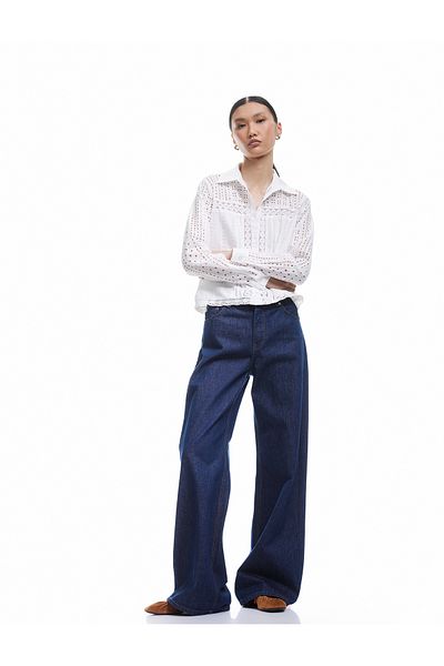 Koton New Season Long Sleeve Classic Collar Cotton Scalloped Embroidered Shirt