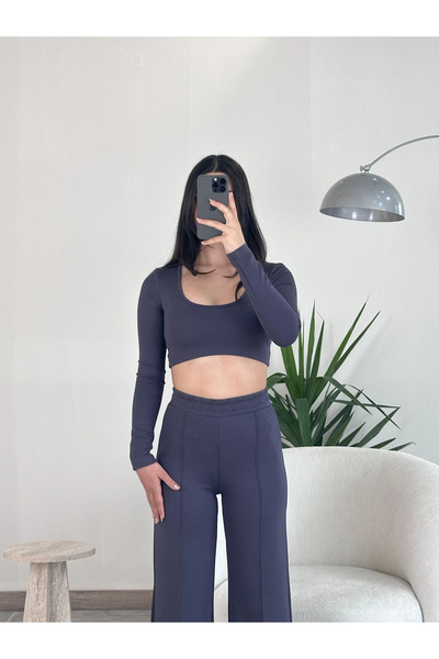 Kyra Studios Navy Blue Long Sleeve Crop-Top Suit 4010