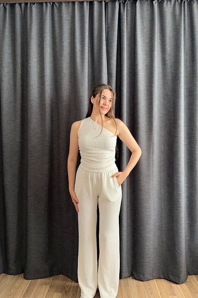 Sorridi Oil Green One Shoulder Seersucker 2 Piece Set