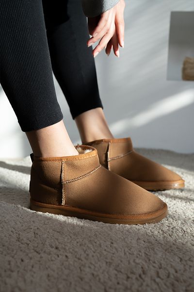 Blyss Women's Tan Suede Ultra Mini Boots with Fur Inside Winter Sole Model Boots & Bootie