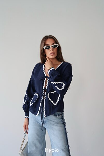 Lusin Women's Navy Blue Long Sleeve Tie Detail 100% Cotton Premium Muslin Blouse Shirt