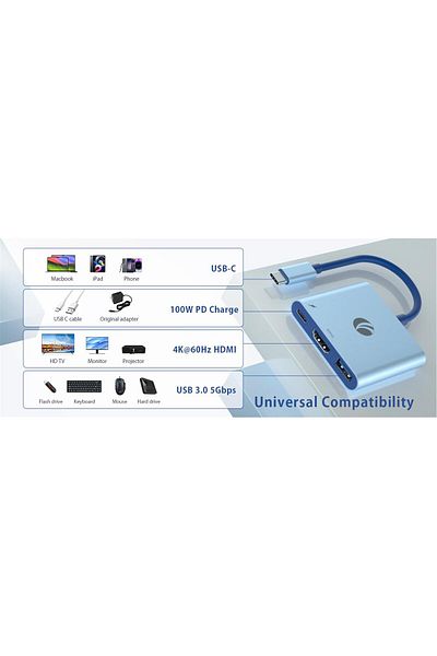 VCOM Blue Type-C to Hdmi(4K@60Hz)+Usb3.0+Pd 3.0 100W Multiplexer