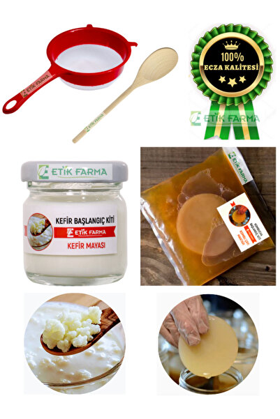 ETİK-FARMA Özel Üretim Organik Süt Kefir Mayası+Kombucha Başlangıç Kiti Kombu Mantarı Süzgeç+Tahta Kaşık