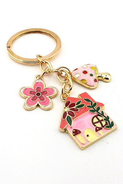 Solfera House Shaped Home Mushroom Flower Nature Pink Metal Keychain Kc392