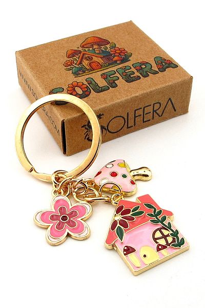 Solfera House Shaped Home Mushroom Flower Nature Pink Metal Keychain Kc392