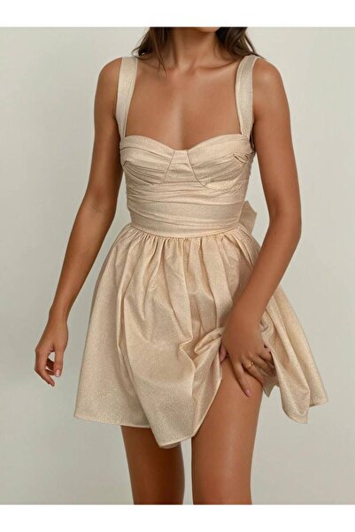 Arestill Bej, Pırıltılı, Askılı, Sırtında Kurdele Detaylı, Mezuniyet, Balo, Parti, Düğün, Nişan, Kloş Elbise