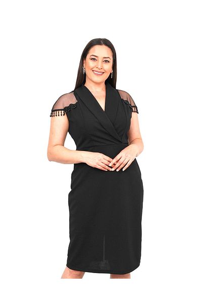 Şirin Butik Women's Black Plus Size Double Breasted Neckline Tulle and Stone Detail Evening Dress