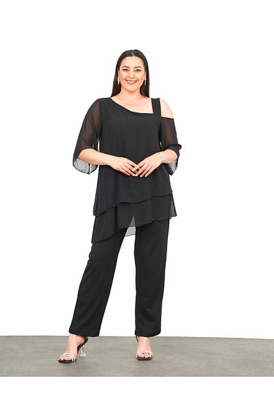 Şirin Butik Women's Black Plus Size Chiffon and Shoulder Strap Detailed Evening Dress Double Set