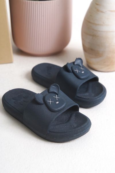 Büşra Çetin Daily Non-Slip Sole Animal Embossed Patterned Navy Blue Children's Slippers