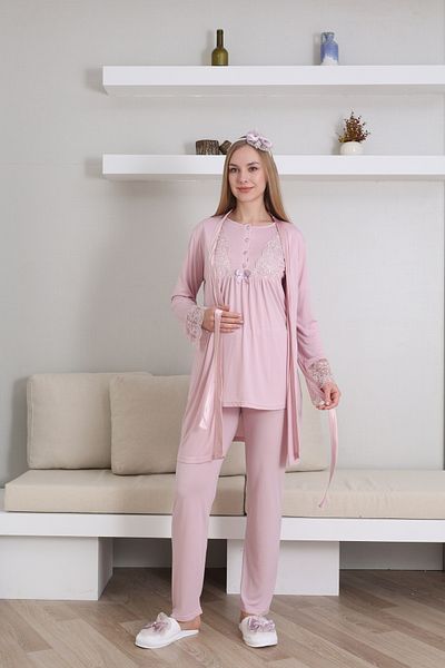 EM&FA TEKSTİL Maternity Maternity Lace Detailed Dressing Gown Pajama Set