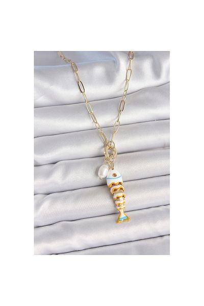 Skygo Gold Color Brass Necklace with Pearl Detail, Zircon Stone and White Fish Figure - Tj-Bko10216
