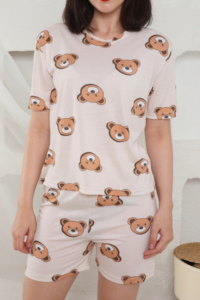 FAMES PİJAMA Summer Patterned Loose Crop Shorts Pajama Set