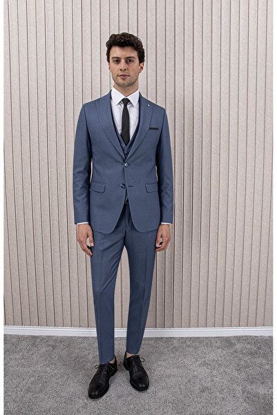 MUBE Erkek Likralı Slim Fit Sivri Yaka Yelekli Takım Elbise