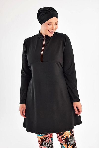 buHillco Maresiva Isley Black Patterned Battal Long Sleeve Women's Hijab Swimsuit