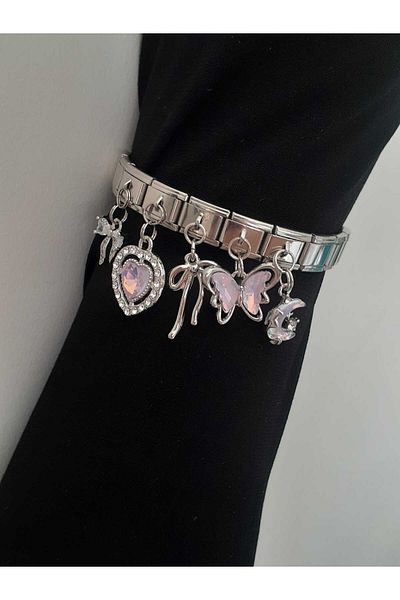 bijoux uniques Italian Charm Bracelet with Steel Stone Ribbon&Heart&Bow&Butterfly&Moon Figures