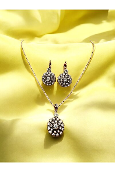 FUYA JEWELLERY Taşlı Çiçek Motif Kolye, Küpe Set