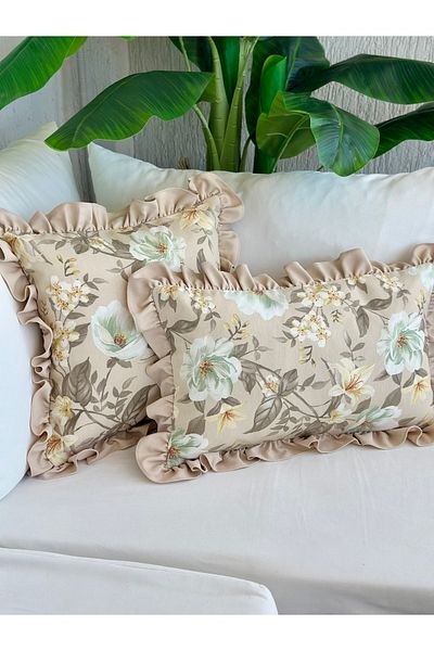 Decamor home Retro Magnolia Patterned Beige Ruffled Throw Pillow Case 1 Piece