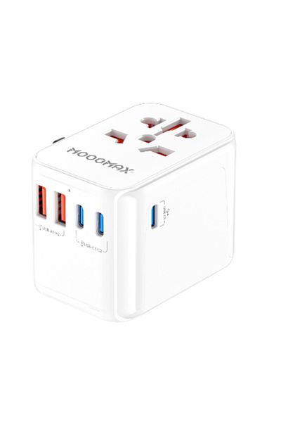 MOOGMAX 5-in-1 Universal 100W Power Adapter - Compatible with US and European Plugs, 2 USB-A Ports and 3 Type-C Ports