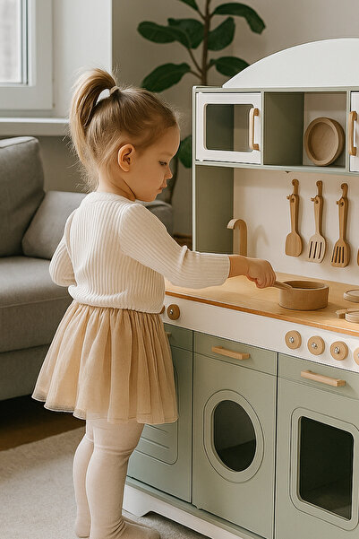 hedefixtoys Ihlamur Yeşili Ahşap Oyuncak Mutfak Seti | 12 Parça Aksesuar Hediyeli | LED Işıklı–Montessori Uyumlu