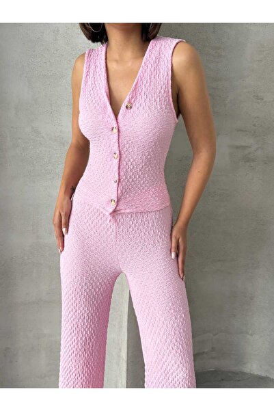 Brood Γυναικείο γιλέκο με λαιμόκοψη από ύφασμα Seersucker - Σετ παντελονιού Palazzo