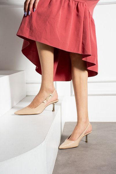 Siena Shoes Gaia Women's Heel Detailed Short Heeled Shoes Beige Patent Leather