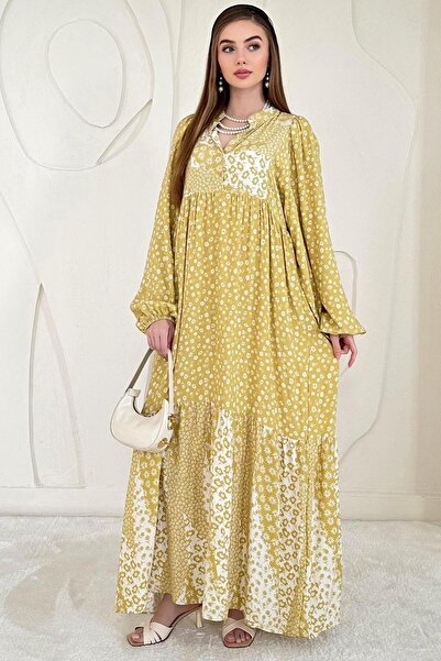 Elbee Fashion Woman Hakim Yaka Uzun Kollu Kuşaklı Elbise